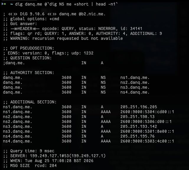 Terminal in which 'dig danq.me @`dig NS me +short | head -n1`' has been run, outputting NS responses ns1.danq.me through ns4.danq.me, with additional section records for A and AAAA records for each.