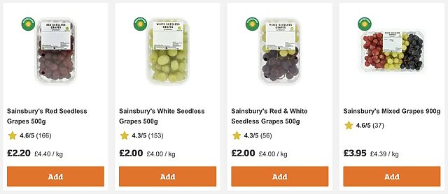 Online shopping screenshot showing four packets of seedless grapes. 500g red grapes are £2.20; 500g white grapes are £2.00; 500g red & white grapes are £2.00; 900g mixed (red, white and black) grapes are £3.95.