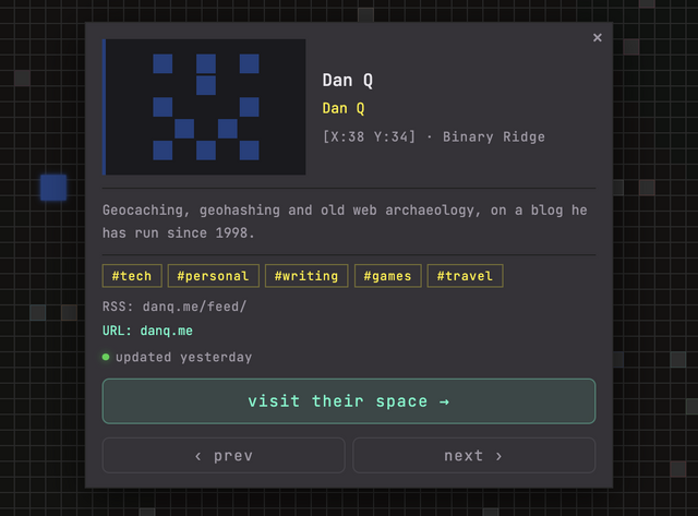 Screenshot from Pixel Area, showing a blue 'pixel' representing Dan Q.