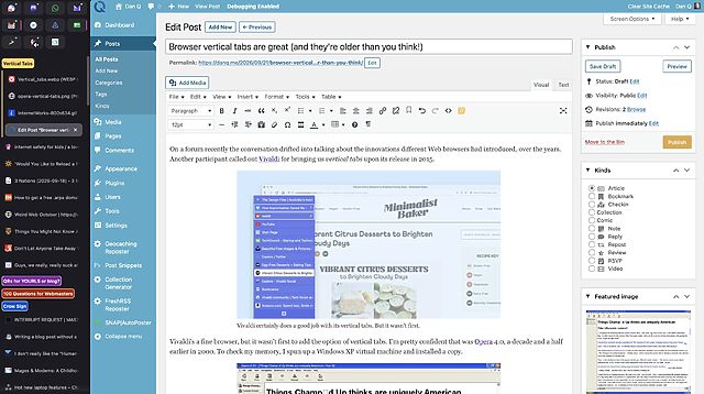 Screenshot of a ClassicPress interface, writing this blog post, with copious vertical tabs down the sidebar.