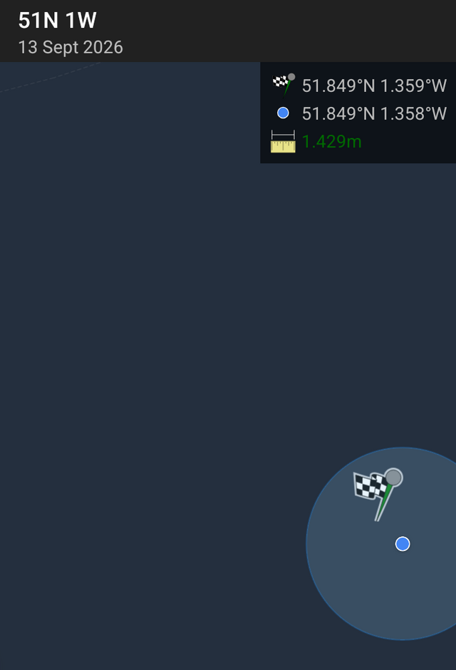 Android screenshot showing the user's location of 1.429m from its destination, the 51 -1 geohashpoint.