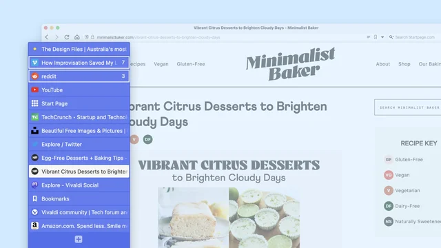 Promotional screenshot showing Vivaldi's vertical tab interface.
