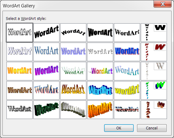 Screenshot of the Word 2003 WordArt preview window showing a variety of preset styles.