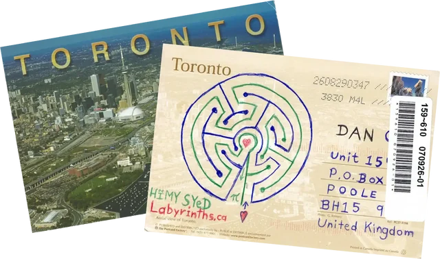 Composite photo showing front and rear of a postcard, showing an aerial photograph of Toronto on one side and a hand-drawn labyrinth on the other.