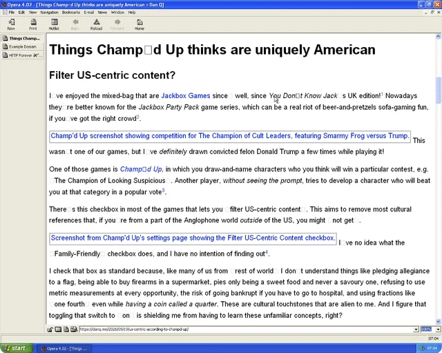 Screenshot showing Opera's vertical tabs, showing a semi-readable DanQ.me page.