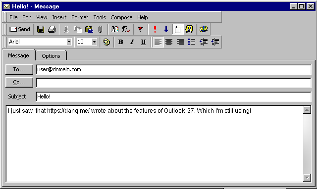 Screenshot of Outlook '97 composing a formatted email.