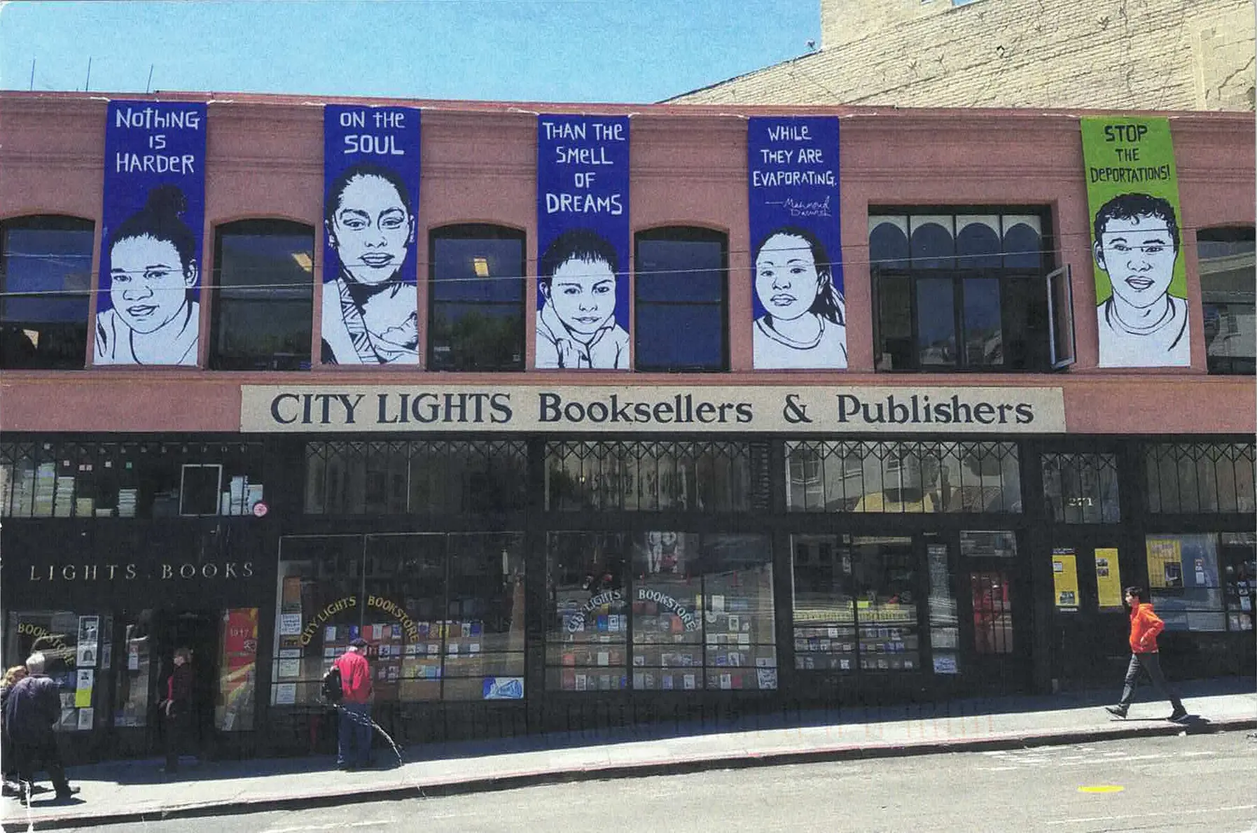 Photograph from a San Francisco street, showing City Lights Booksellers & Publishers' shop front.