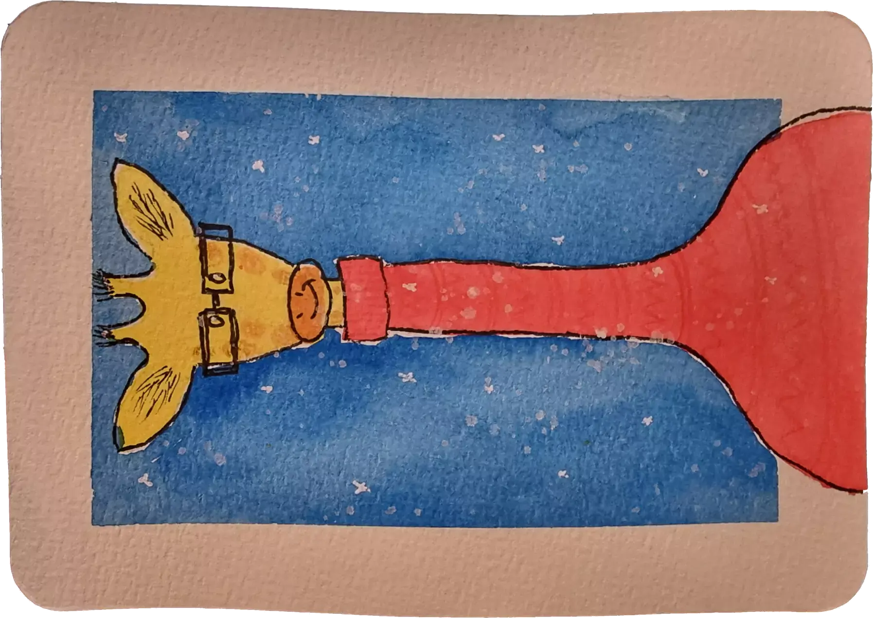 Watercolour painting of a glasses-wearing giraffe in an extraordinarily-long-necked jumper, with snowflakes falling around.