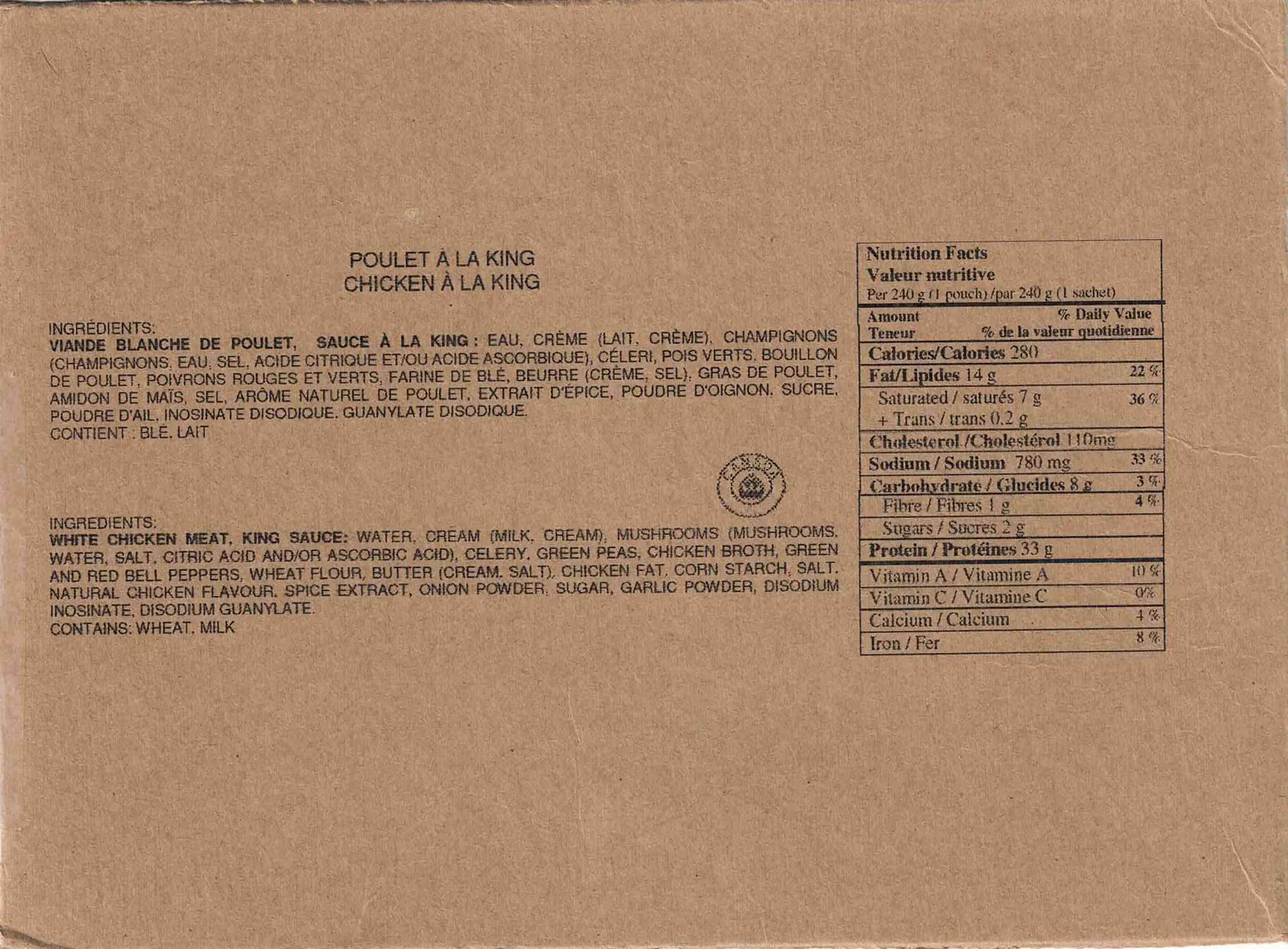 Billingually-labelled brown cardboard packaging for Poulet À La King / Chicken À La King, showing ingredients lists and nutrition information.