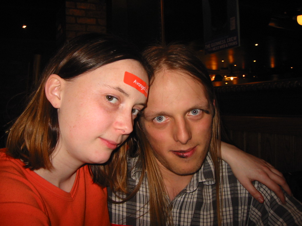 Full image of Claire (with an avangel.com sticker on her forehead) with Dan