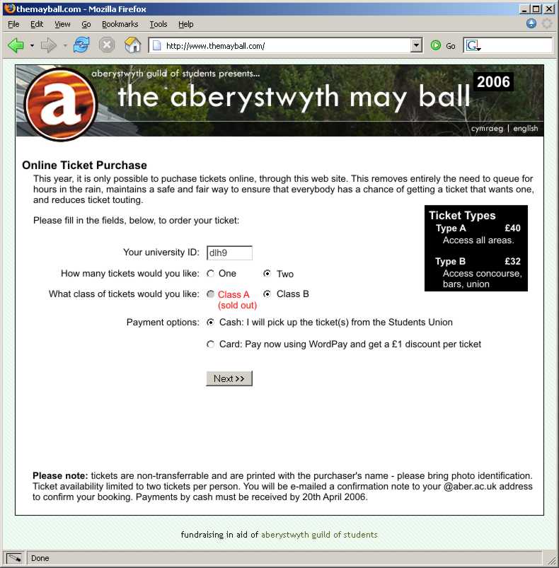 Mockup showing how the May Ball site SHOULD work.