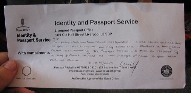 A compliments slip from Identity and Passport Service, Home Office.