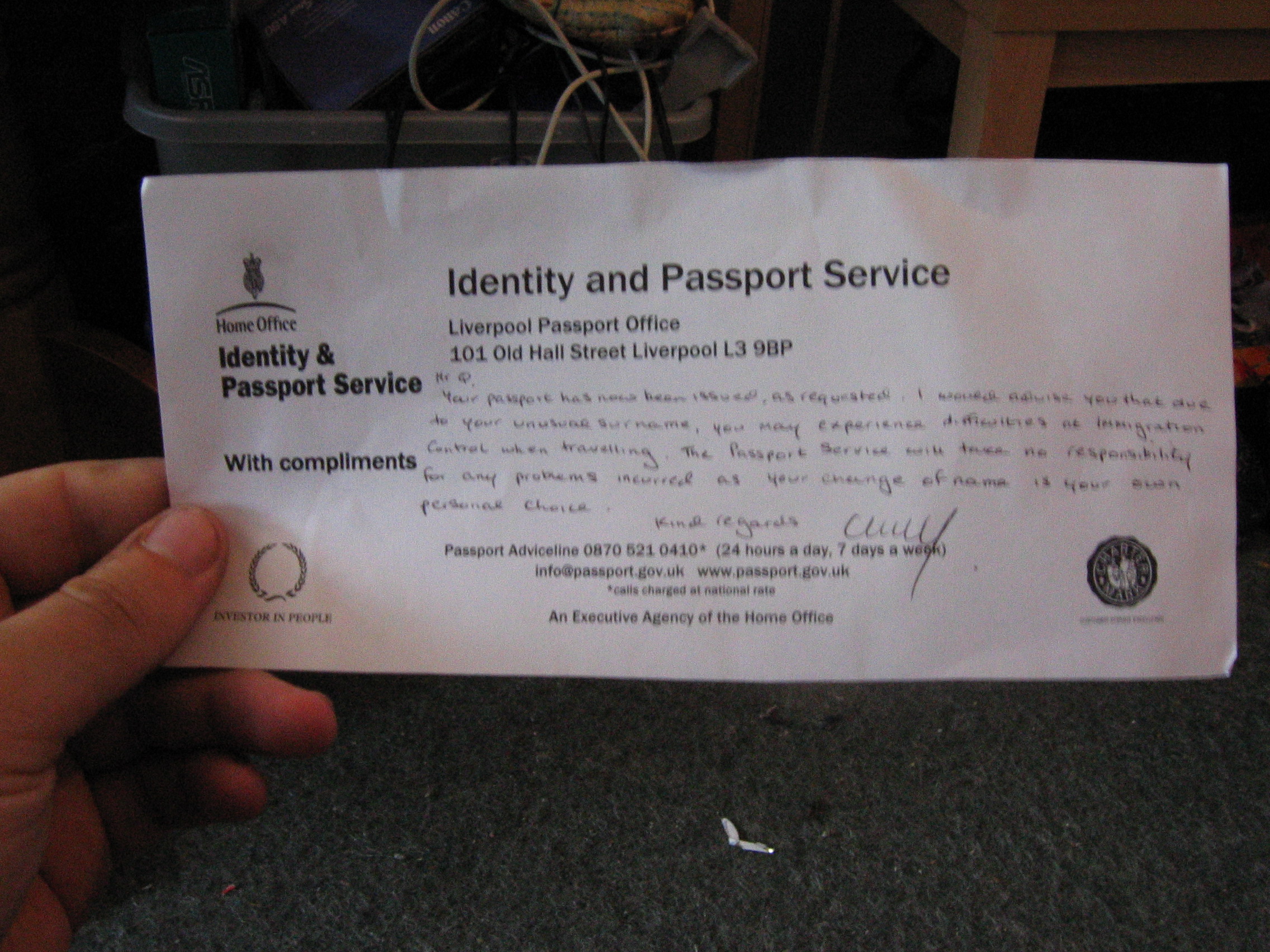 Full image of A compliments slip from Identity and Passport Service, Home Office.
