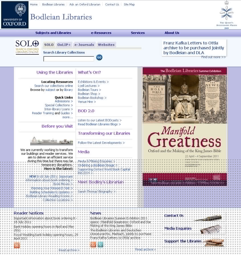 Full image of The Bodleian Libraries website as it appeared in 2011.