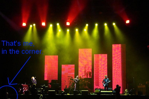 REM concert with a fan highlighted in the bottom-left of the picture, labelled "That's me, in the corner."