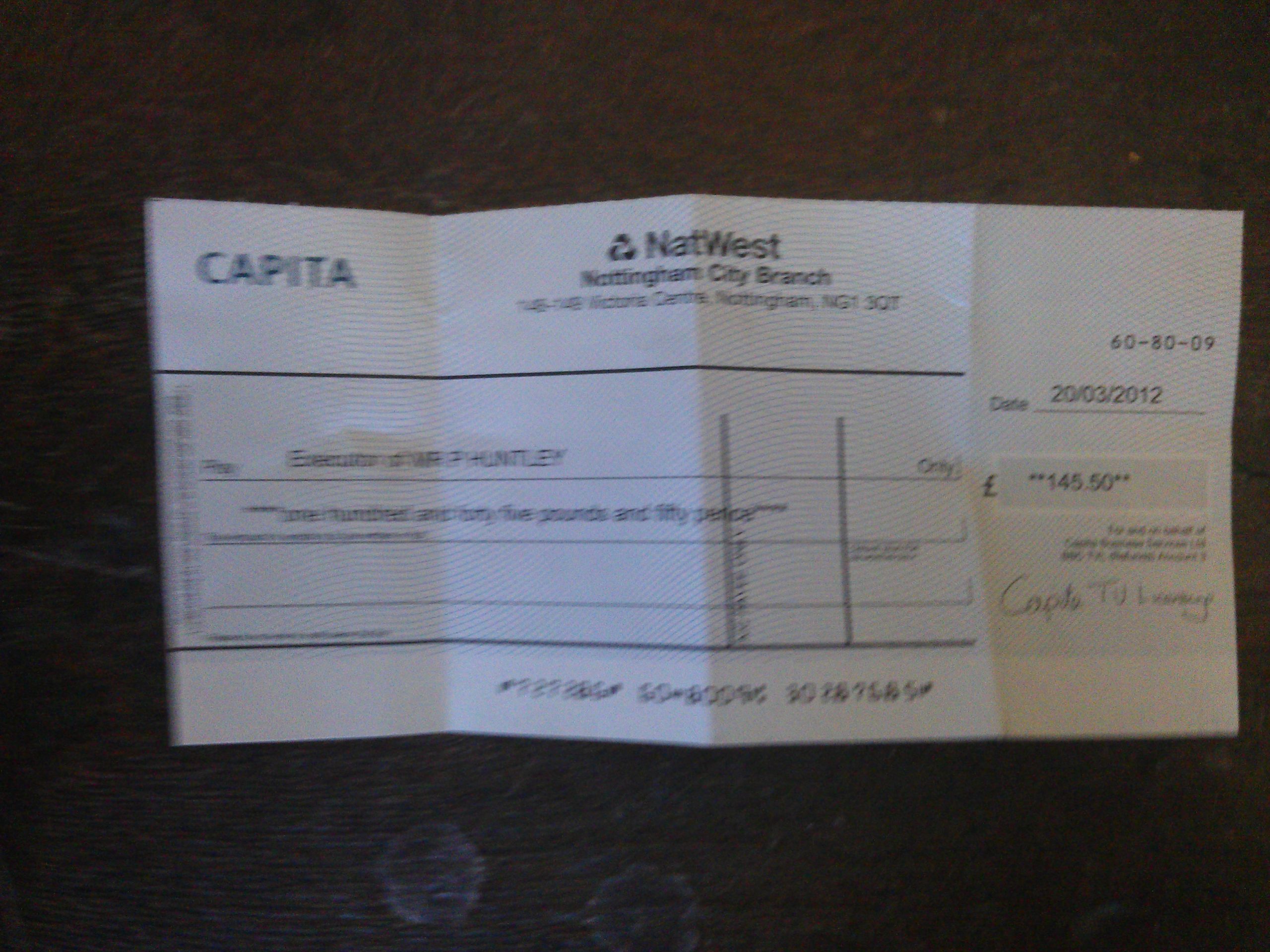 Full image of Cheque made out to "Executor of Mr P Huntley"