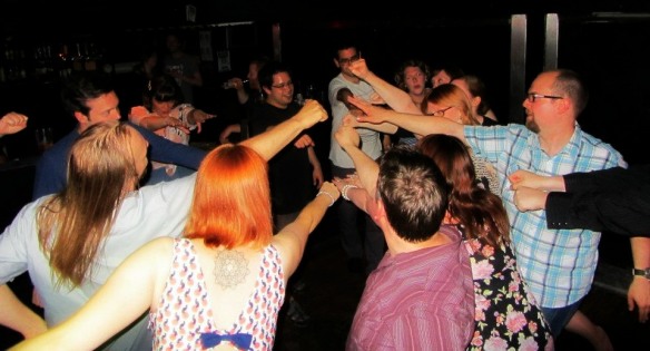 Dancing to Black Lace at Andy's 30th birthday.