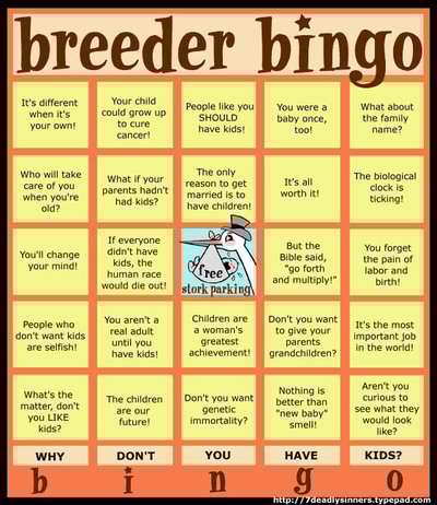 Full image of "Breeder Bingo" card. Complete a line, get a free case of contraceptives!