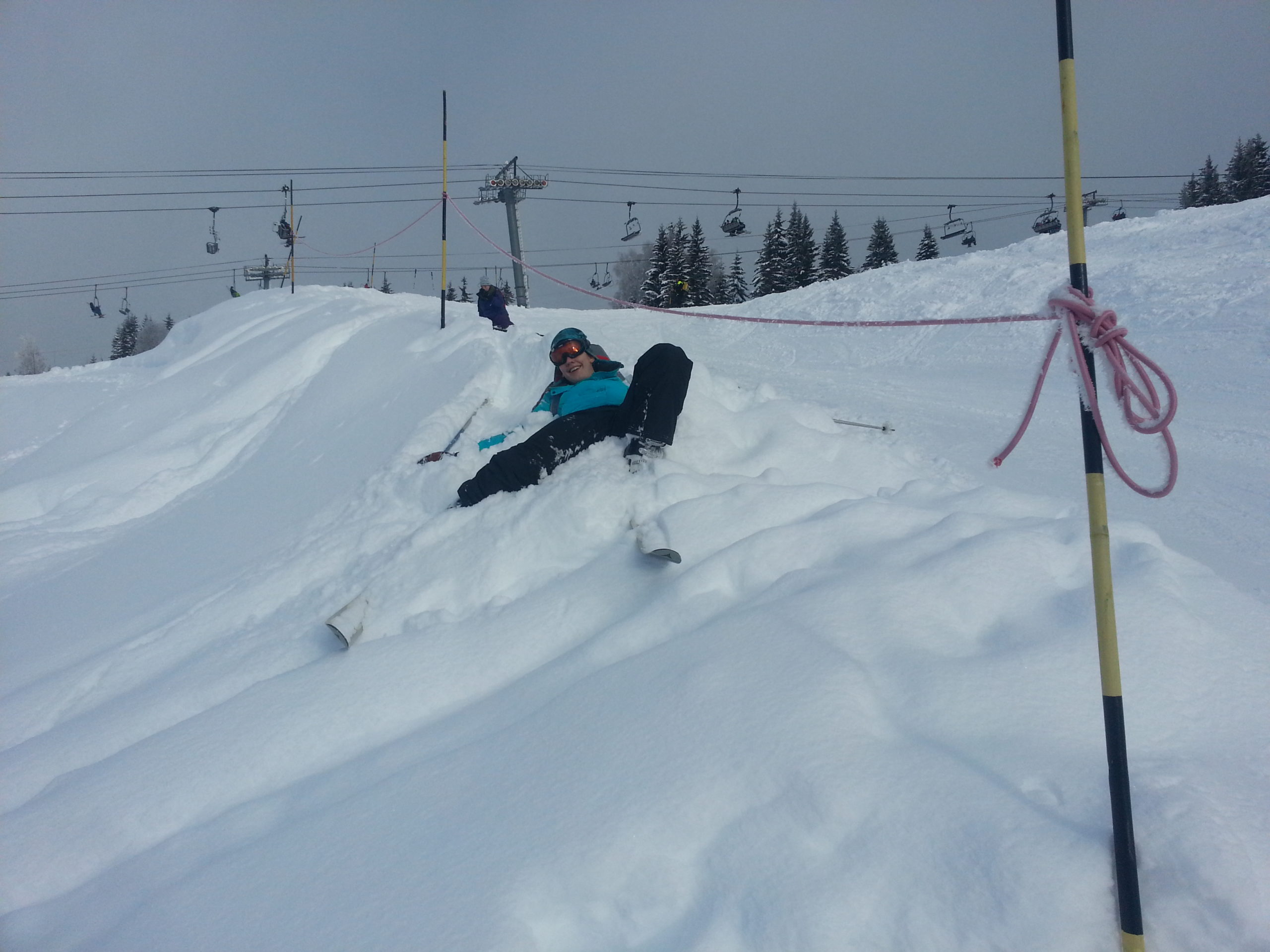 Full image of Harriet, tangled around herself and buried in a snowdrift.
