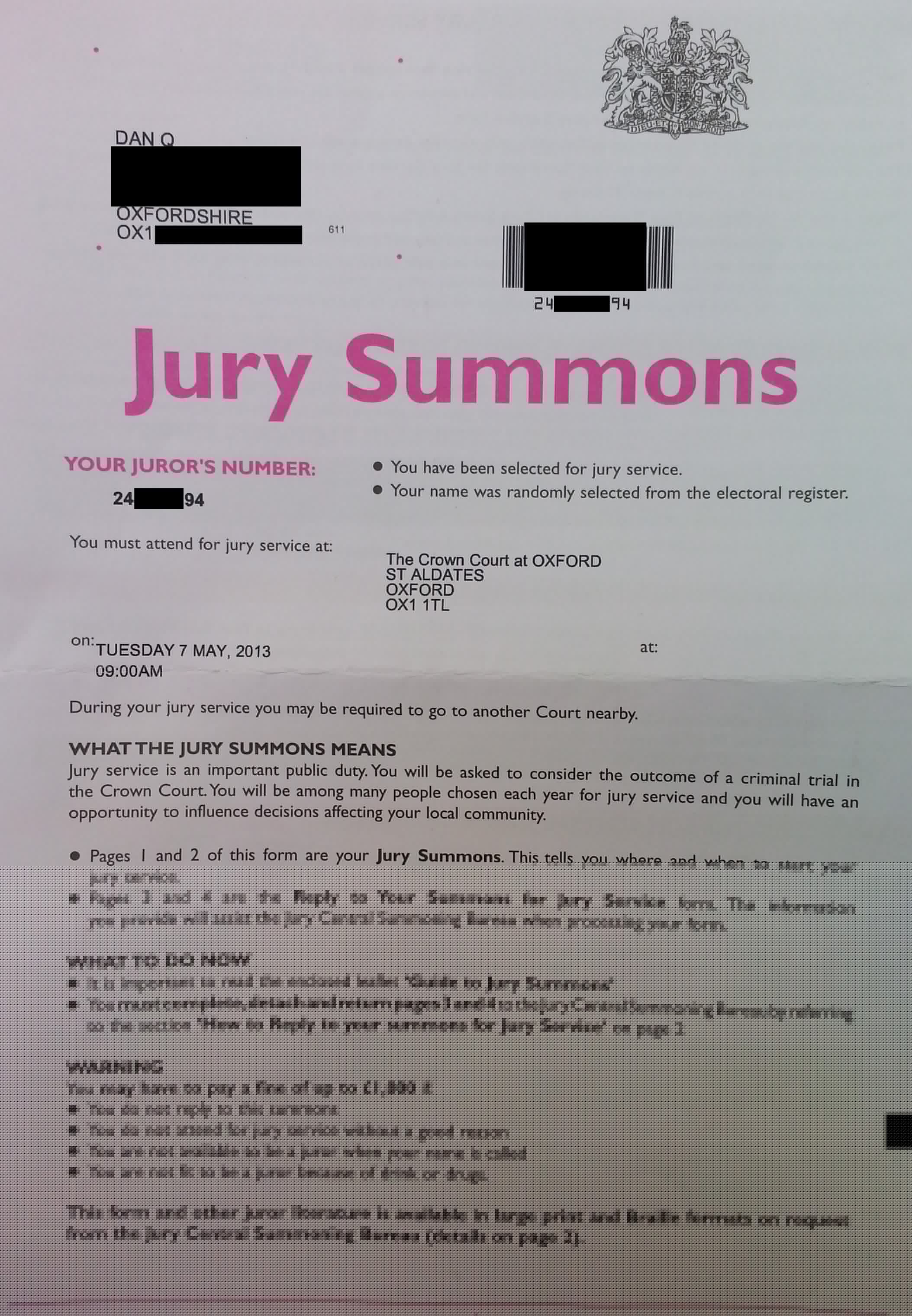 Full image of My Jury Summons, showing my juror number and instructions on what a Jury Summons means. Parts are censored to protect my address and details that could make it possible for somebody to impersonate me as a juror.