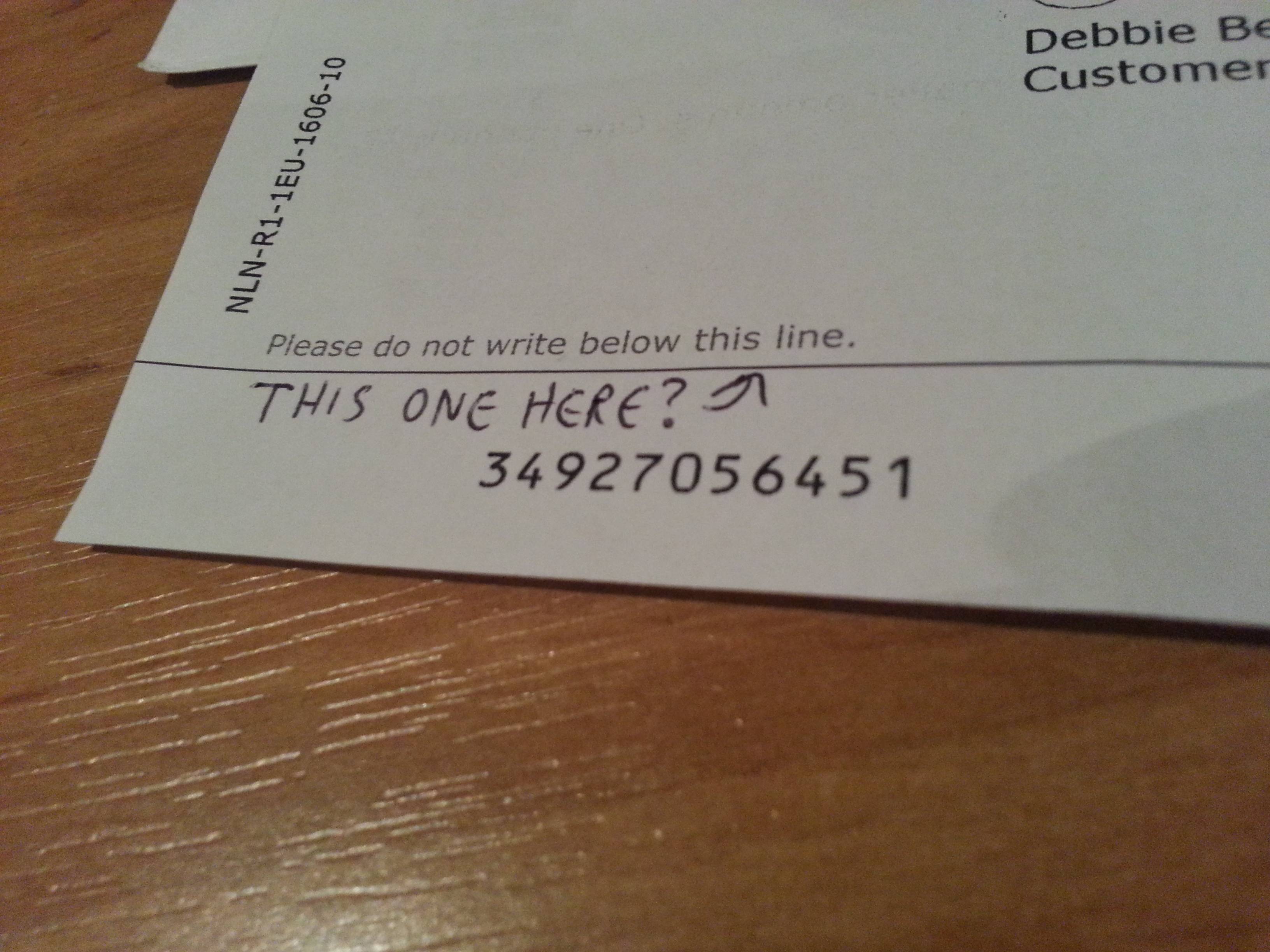"This one here?" scrawled beneath the words "Please do not write below this line" on a TV Licensing form