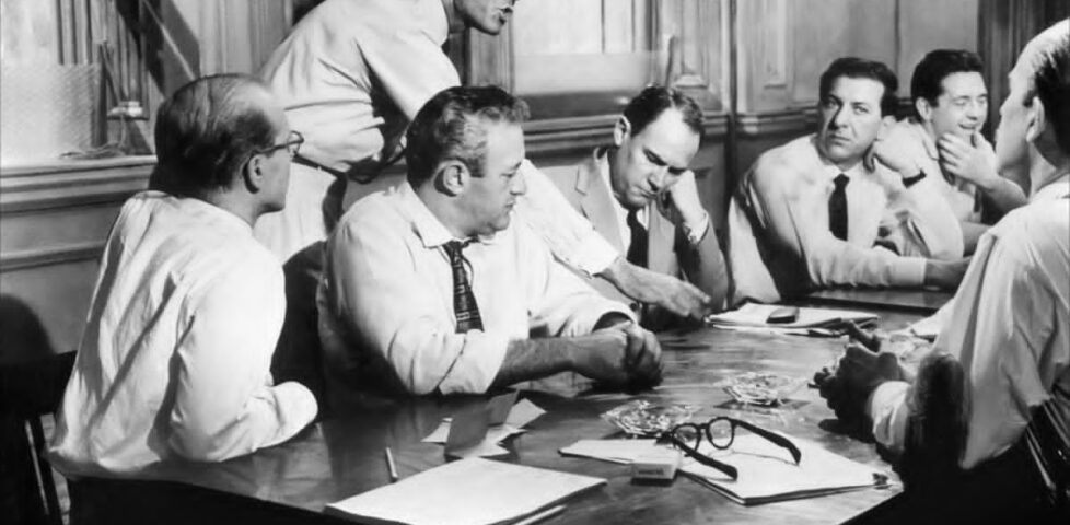 Scene from 12 Angry Men. Henry Fonda explains his vote of "not guilty".