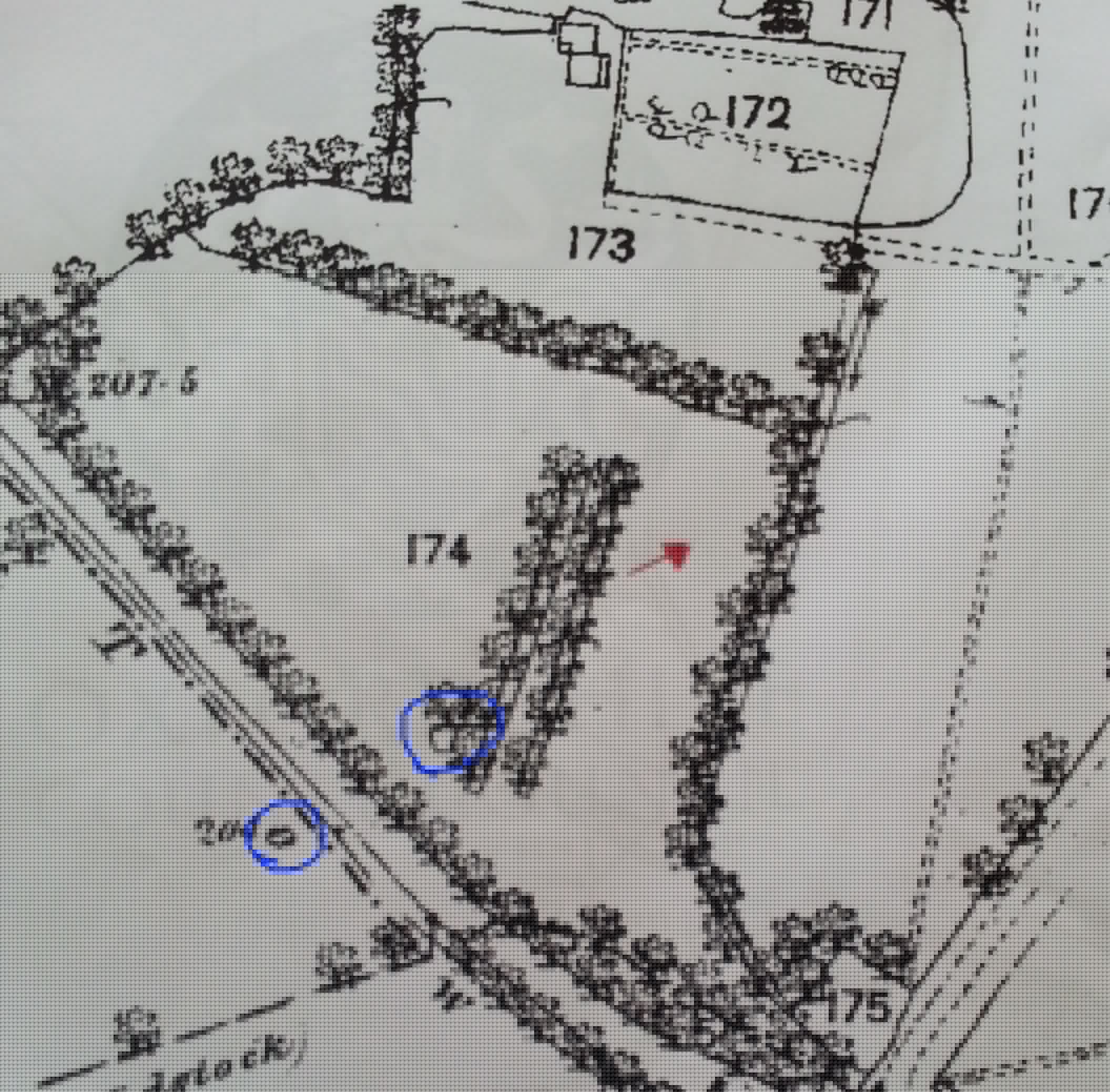 Full image of A map showing a field, hedgerows, water course and - highlighted in blue - a pond. The second highlighting in blue (bottom left) is a letter 'O', not a pond. I got carried away highlighting things, okay?