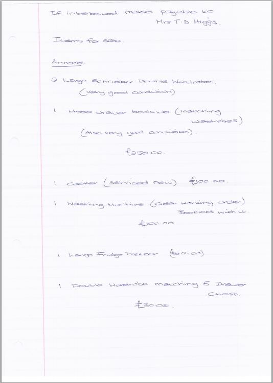 Full image of A list of items for sale, with prices: wardrobes, drawers, a cooker, washing machine, and fridge/freezer.