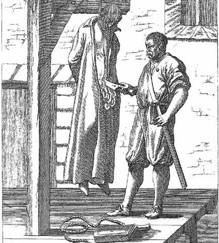 A hanged man being quartered by his executioner.