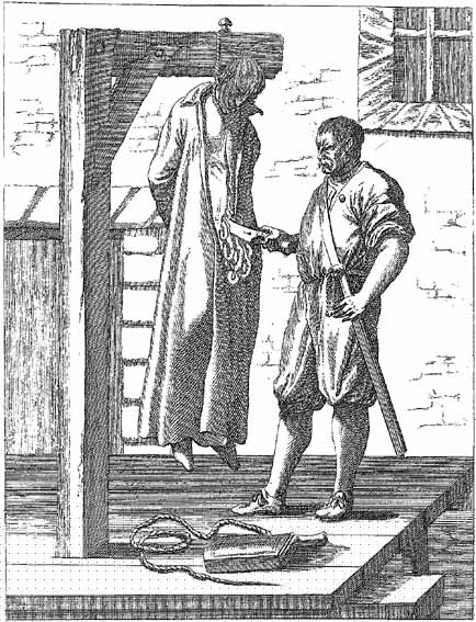 A hanged man being quartered by his executioner.