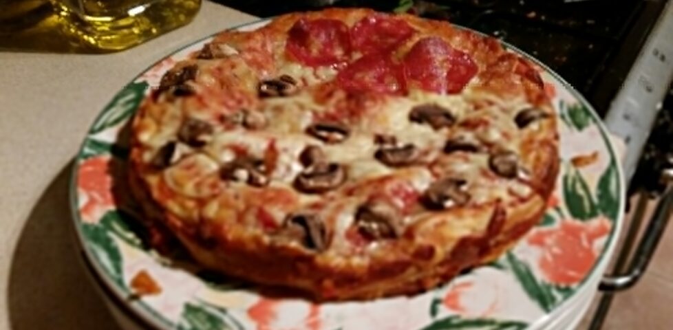 The completed pizza cake, ready to be sliced.