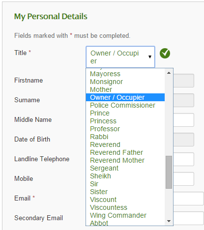 Full image of Scottish Power's "Title" options. Showing: Mayoress, Monsignor, Mother, Owner/Occupier, Police Comissioner, Prince, Princess, Professor, Rabbi, Reverend, Reverend Father, Reverend Mother, Sergeant, Sheikh, Sir, Sister, Viscount, Viscountess, Wing Commander, Abbot...