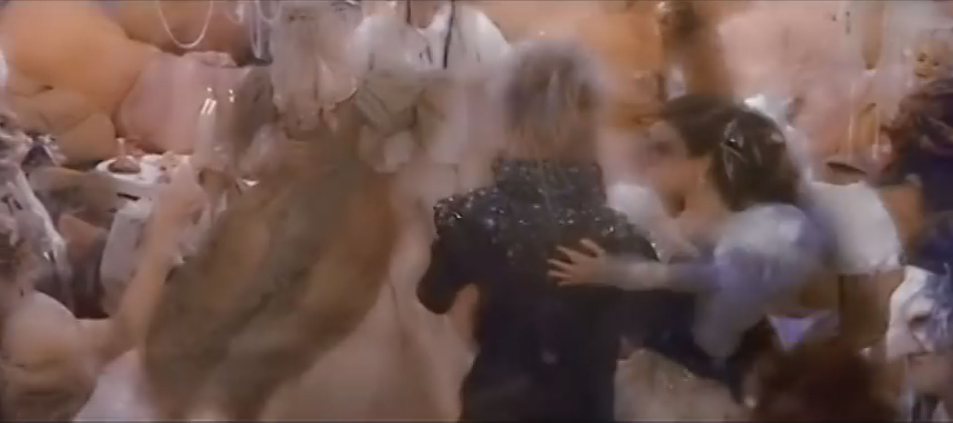 Full image of Sarah and Jareth dance in the ballroom scene of Labyrinth.