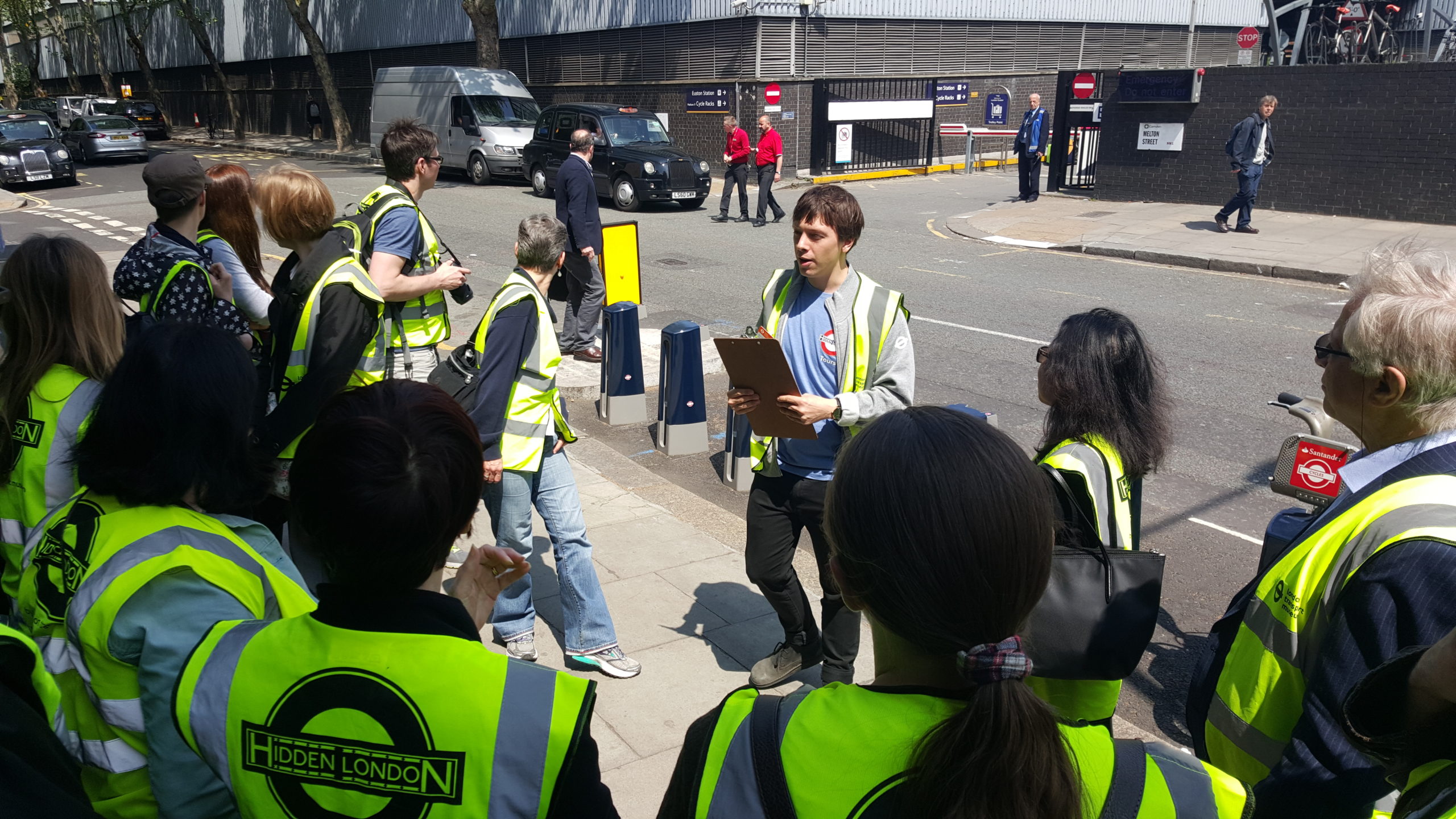 Full image of Our tour group gathers around the corner from Euston Station.