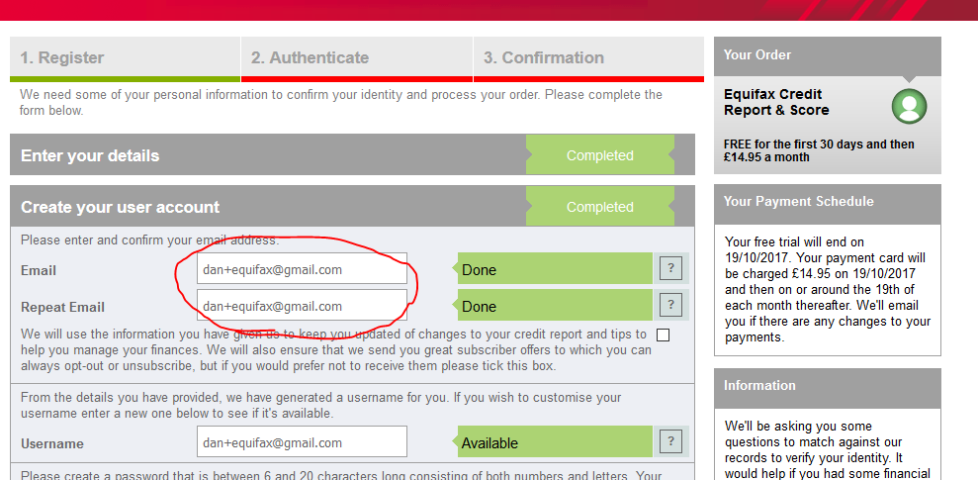 Filling in an Equifax registration form.