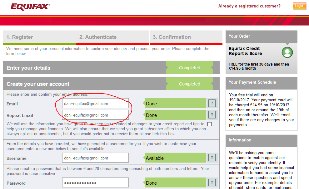 Full image of Filling in an Equifax registration form.