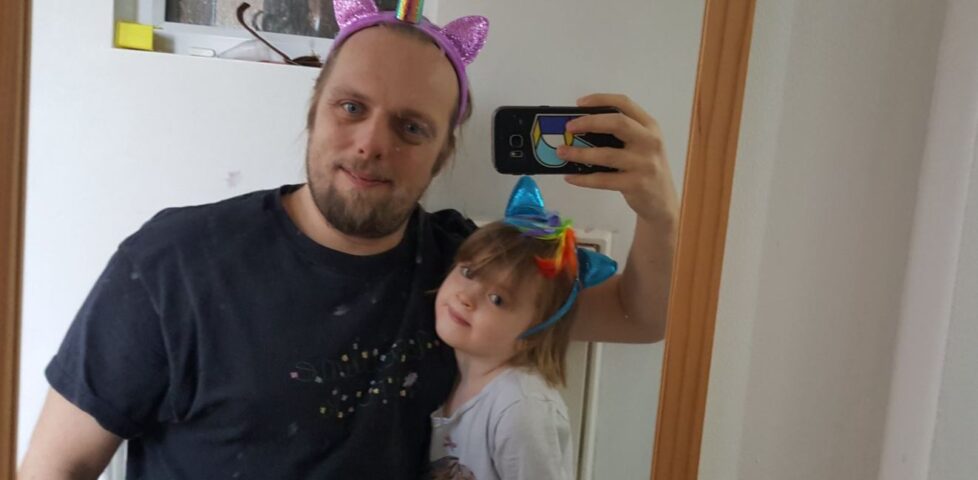 Dan and Annabel wearing My Little Pony headbands