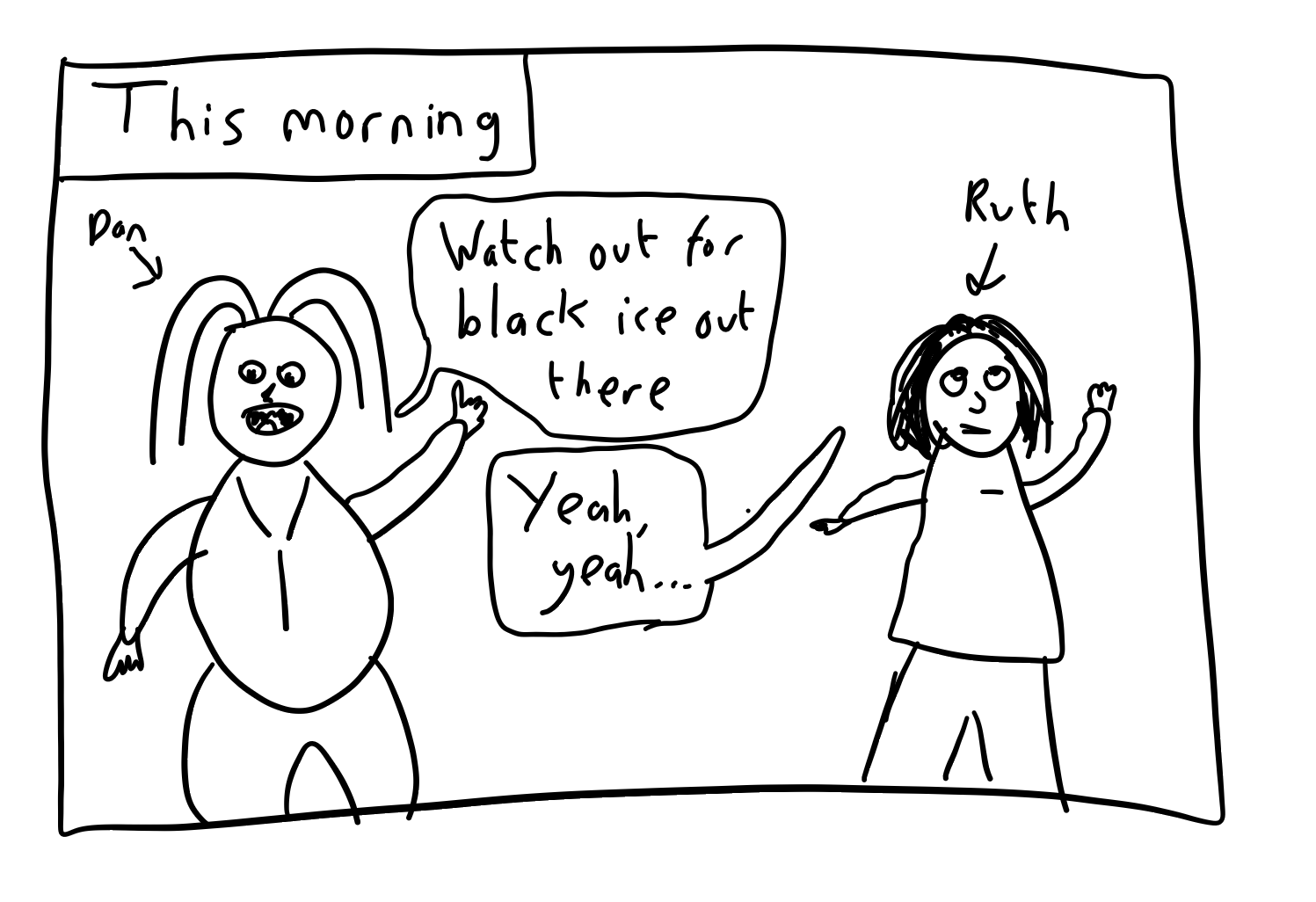 Full image of MS Paint-grade comic showing Dan warning Ruth about black ice, and Ruth being dismissive of it.