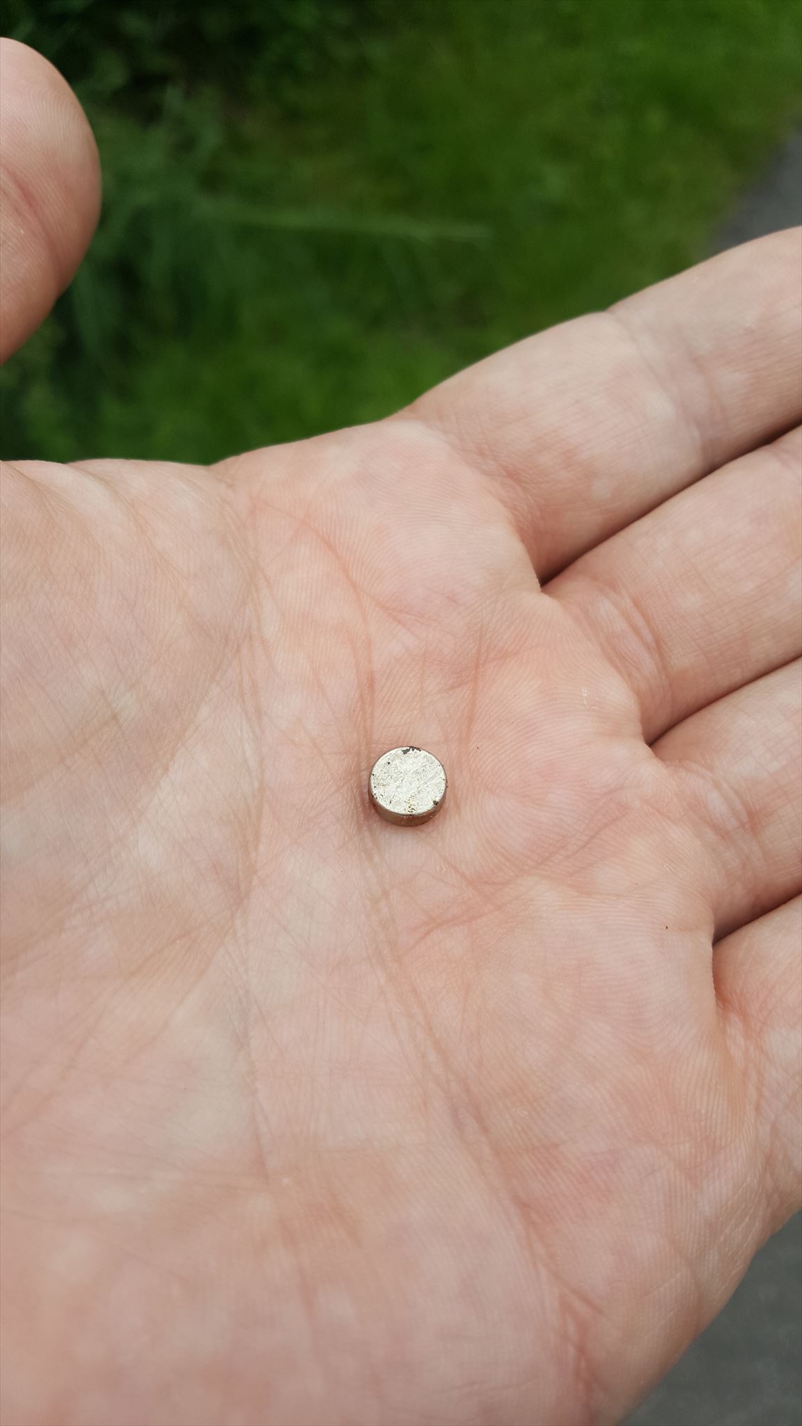 Full image of Nano cache magnet, detached, in Dan's hand.
