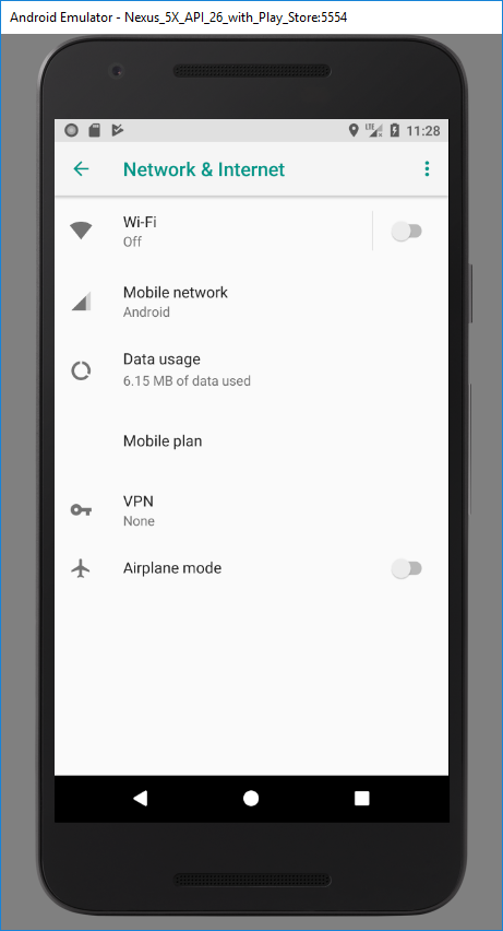 Full image of Android emulator showing network settings