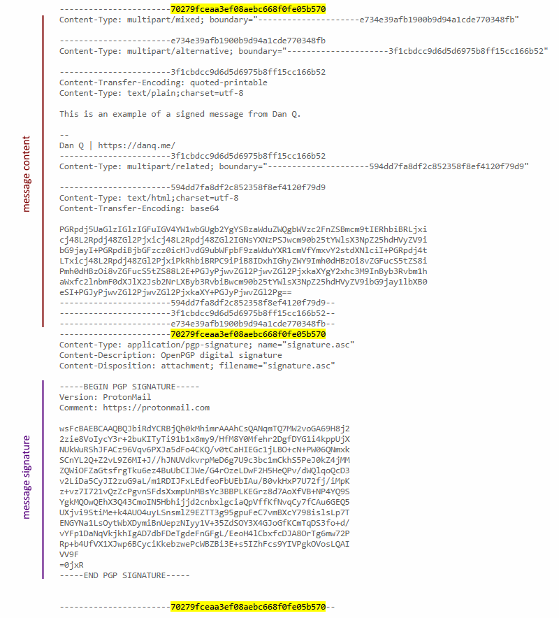 Illustration showing message content and signature in a PGP/MIME email.