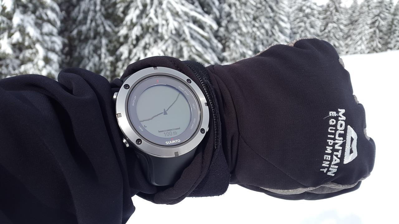 Full image of Wrist-mounted GPS in the snow.