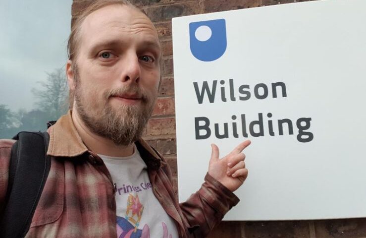 Dan outside the Wilson Building, Open University Campus, Milton Keynes