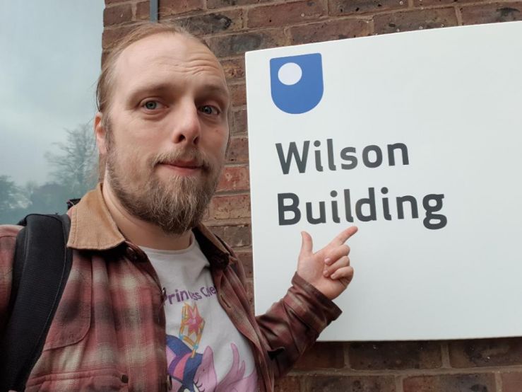 Dan outside the Wilson Building, Open University Campus, Milton Keynes