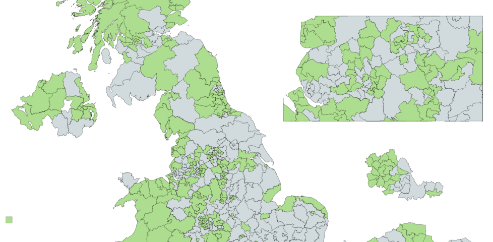 Map showing the 326 UK constituencies with the smallest electorate size