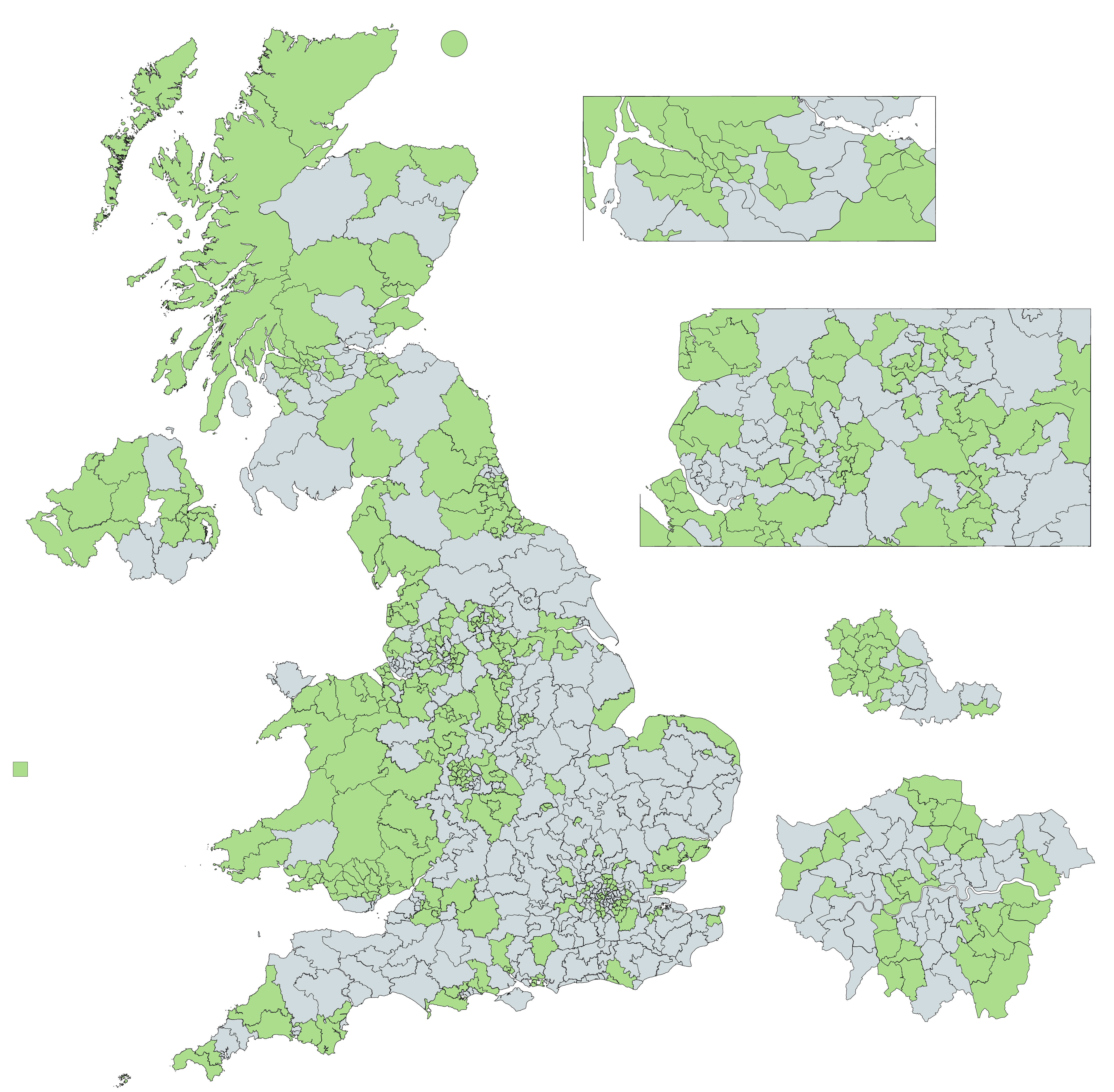 Full image of Map showing the 326 UK constituencies with the smallest electorate size