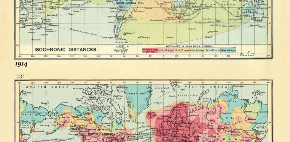 Isochronic map of world travel from London in 1914 and 2016.