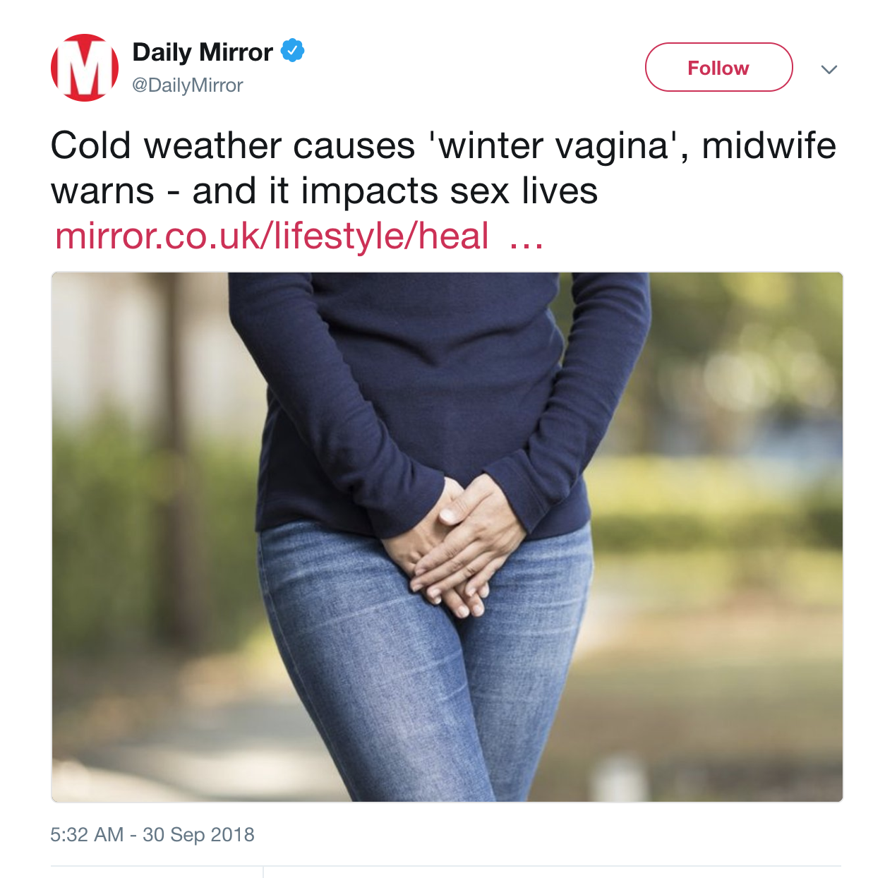 Full image of Daily Mirror tweet claiming that "winter vagina" is a thing, and how to deal with it.