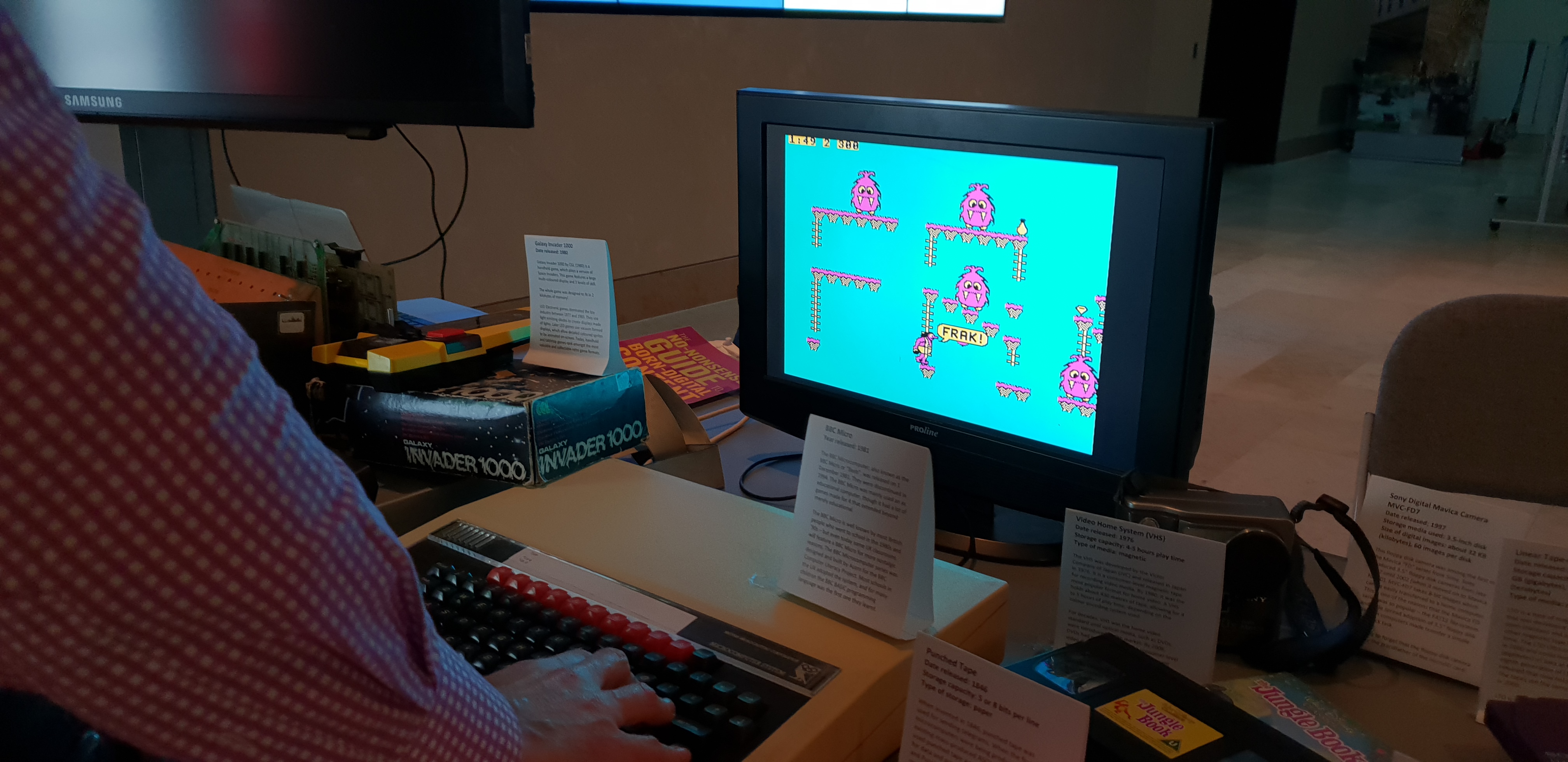 Full image of Frak on the BBC Micro, amongst the rest of a pile of computing nostalgia